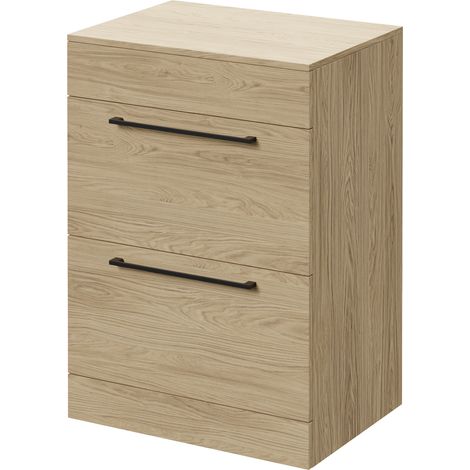 Napoli 460 Light Oak 600mm 2 Drawer Vanity Unit for Countertop Basins - 600mm - Matt Black 320mm Handle