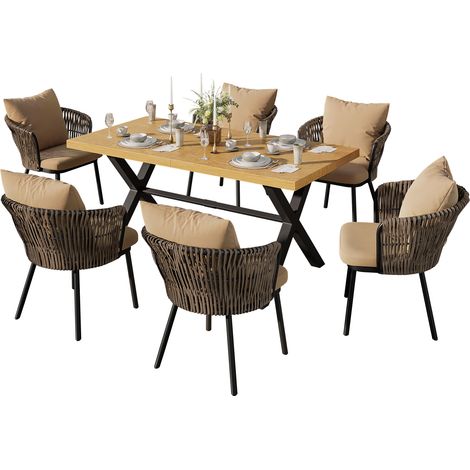 Ensemble de repas d'extérieur moderne, salon de jardin en rotin, ensemble de détente et de réunion pour plusieurs personnes, structure en fer tressé, coussins d'assise inclus. (1/5)