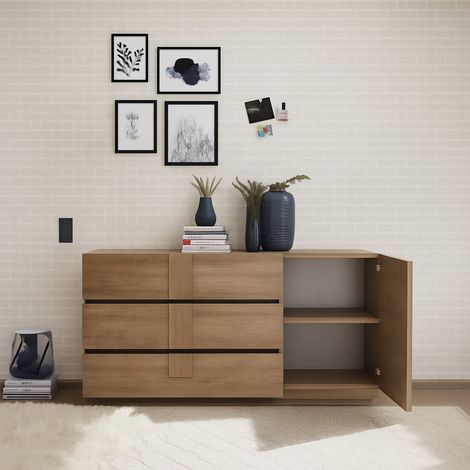 Credenza Minoprio, Madia un Ripiano, 3 Cassetti Made in Italy, Un'anta, 182x44x90h cm Marrone Rovere (1/5)