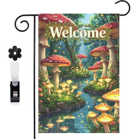 Drapeau de jardin bienvenue 30 x 45 cm motif champignons et forêt mystérieuse toile double face (1/5)