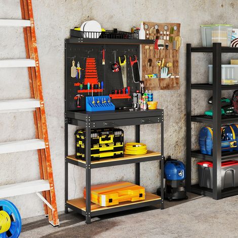 Banco da lavoro 80 x 40,5 x 155 cm, banco portautensili con pannello forato, ganci, cassetto, 2 ripiani per officina, nero