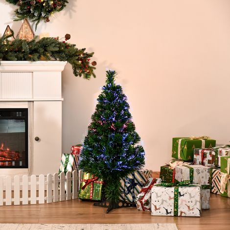 Sapin de Noël Artificiel Lumineux 90H cm Fibre Optique Multicolore + Support Pied 90 Branches Vert