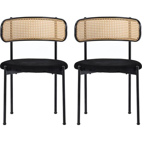 Set di 4 sedie da pranzo in velluto nero, schienale in rattan, gambe in metallo (1/5)