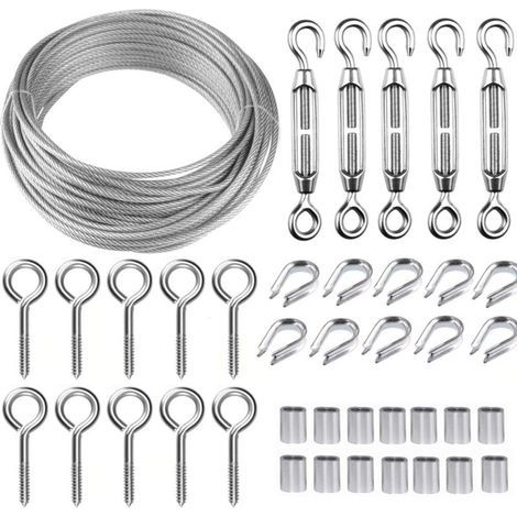 Kit de câble en acier inoxydable de 30 m/2 mm avec tendeur de câble M5 robuste, kit de câble pour clôture, kit de garde-corps à câbles, tendeurs de câble pour plantes grimpantes de jardin (1/5)