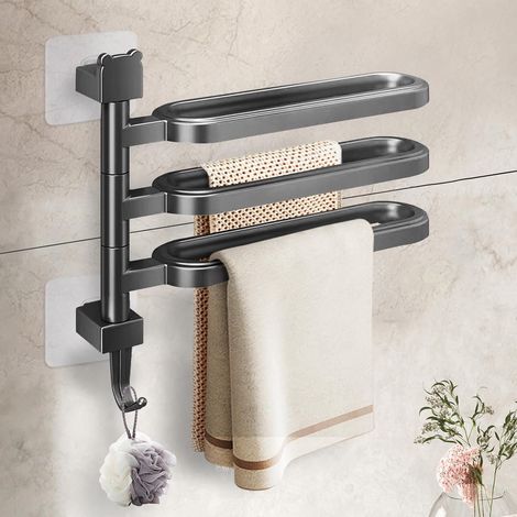 Porte-serviettes pivotant sans perçage, fixation murale, barre porte-serviettes à 3 bras, porte-serviettes auto-adhésif en ABS avec crochet pour salle de bain, douche, cuisine, noir (1/5)