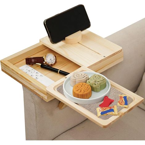 Bandeja de madera para reposabrazos de sofá con soporte para teléfono móvil, muy estable, para colocar entre los reposabrazos del sofá, para aperitivos, tazas, teléfonos móviles.