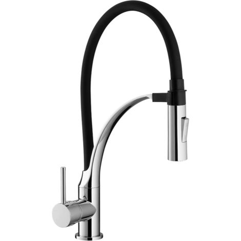 Mitigeur de cuisine avec douchette extractible 2 jets, chromé avec flexible noir
