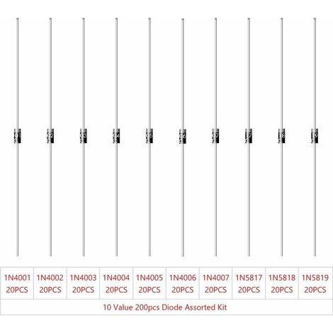 VURAHOME - 200 Stück Lot mit 10 Werten Esequifier Diodes Bag Assortiment Kit Elektronische Gleichrichterdiode (1N4001, 1N4002, 1N4003, 1N4004, 1N4005, 1N4006, 1N4007, 1N5817, 1N5818, 1N5819) (1/5)