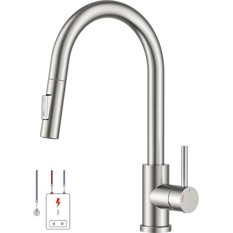 Robinet Cuisine, Mitigeur Cuisine Douchette, Pivotant à 360° d'Évier à Arc Élevé Pulvérisateur Escamotable 2 Modes, Acier Inoxydable (1/5)