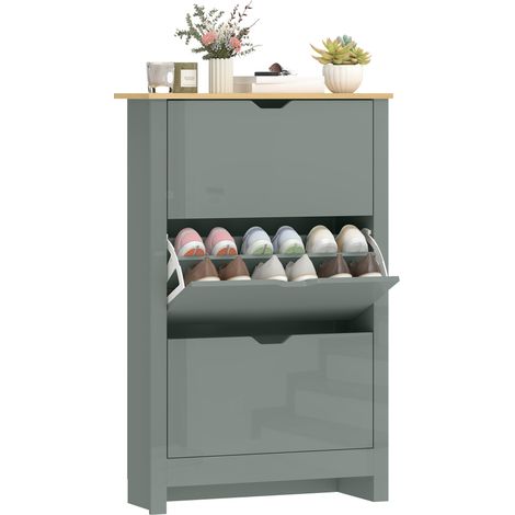 HOMCOM 18-Shoe Storage Cabinet 6 Shelves 3 Drawers Tabletop Light Grey