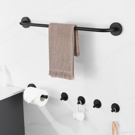 Auralum Max Toallero de acero inoxidable juego de 6 piezas, 4 ganchos toalleros, toallero de baño, portarrollos de papel higiénico, 2 tipos de instalación, negro (1/5)