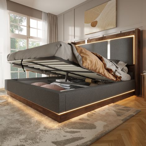 cama matrimonio con almacenaje LED lino 180x200 OKMYHOME (1/5)