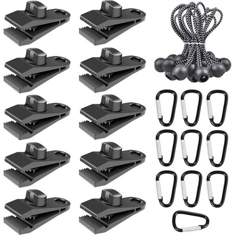 Lot de 30 pinces pour tente, auvent, pinces pour bâche avec corde élastique et mousqueton pour tentes de camping en plein air (1/5)