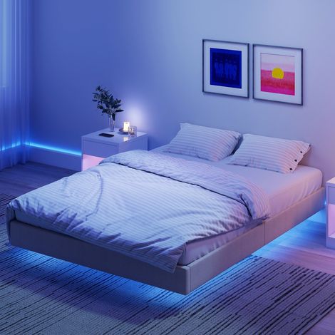 Estructura de cama flotante de 140 x 190 cm con iluminación LED, cama doble tapizada en lino, base de láminas de madera, color beige. (1/5)