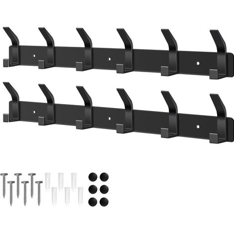 Set of 2 wall-mounted coat racks with 6 hooks each, coat rack for bedroom, bathroom, kitchen, wall-mounted coat rack for jackets, coats, bags, hats and scarves (black) (1/5)