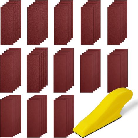 Papier Abrasif Grain, 130 Pièces Papier de Verre Sec ou à l'eau, Feuilles Abrasives avec Bloc de Ponceuse à Main, Papier Verre pour Poncage, le travail du bois, polissage et ponçage(90 30mm). (1/5)