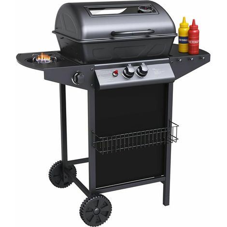 Barbecue a Gas Pietra Lavica 2 Fuochi + Fornello Piano Laterali Griglia Acciaio (1/4)