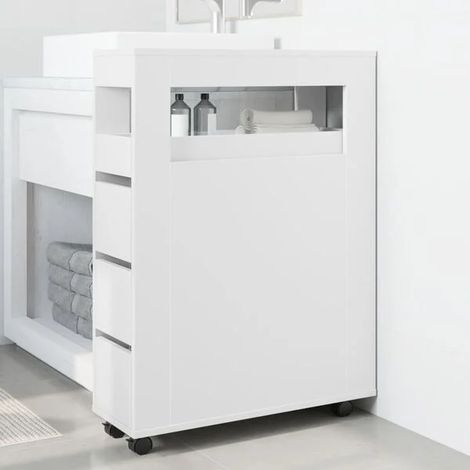 Meuble de Salle de Bain avec Roulettes, Design Étroit et Compact, Couleur Blanche, Rangement Pratique pour Petit Espace (1/5)