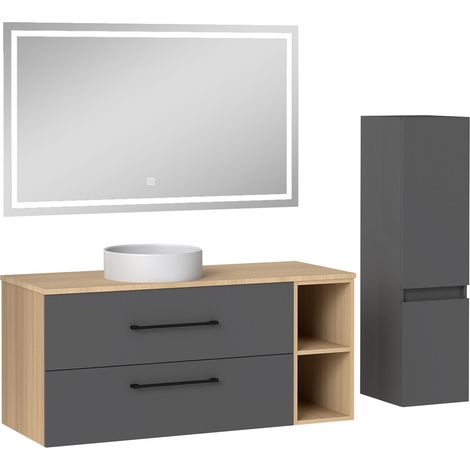 Acezanble Ensemble Meuble Salle de Bain 120cm avec Lavabo, miroir led + colonne 110cm, anthracite + chêne