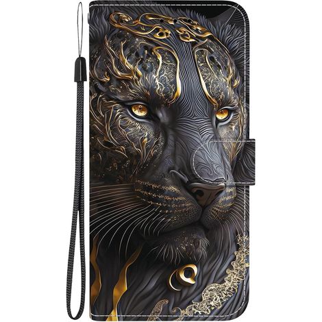 Coque pour Samsung Galaxy S25 Ultra, Étui Portefeuille Housse en Cuir PU de Protection Magnetique à Rabat et Support Pochette Dragonne avec Porte Carte Flip Motif Case, Lion en Or Noir (1/5)