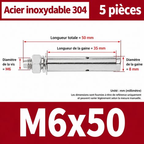 Goujon d'ancrage à expansion M6x50 mm en acier inoxydable 304 - Lot de 5 pièces m6 50 5 pièces 1 kg – Livraison gratuite