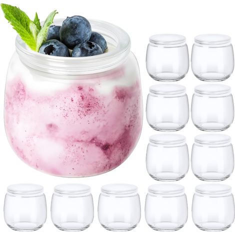 Lot de 12 petits pots de yaourt en verre avec couvercles de 200 ml, adaptés pour le pudding, le yaourt, la confiture, le lait et les desserts. (1/5)