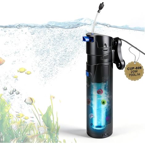 Filtre Pompe Aquarium 4 en 1 avec Lampe UVC 9W, Bulleur Silencieux 700 L/h 20W, Anti Algues, Pompe a Air avec Écumeur, Éponge et Média, pour Bacs 150-300L, Aquariums Complets et Eau Douce (1/5)