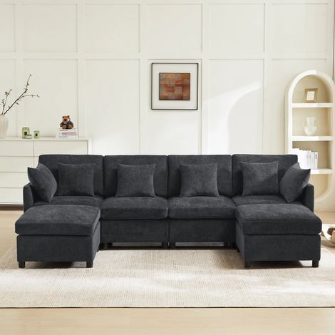 Canapé d'Angle U/L-Form Multifonction,6 Places,Avec 2 repose-pieds et 6 Oreillers,Tissu de Chenille,278×161×81cm,Gris