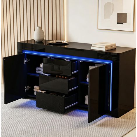 Buffet 140 x 40 x 65 cm avec LED, 2 portes, 3 tiroirs, noir HAVRYA (1/5)