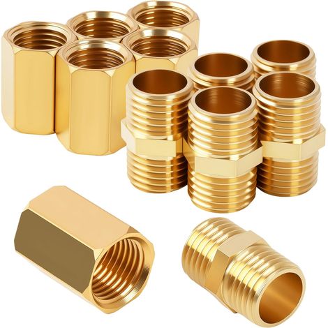 12PCS 1/4 "à 1/4" Femelle et Mâle BSP Filetage Laiton Hexagonal Mamelon et Connecteur de Couplage Hexagonal, 1 4 Pouce en Laiton BSP Mâle-Femelle, Mamelon et Manchon pour Air, Gaz, Eau (1/5)