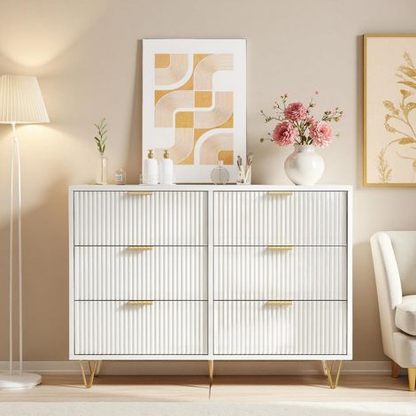 Commode 6 tiroirs blanche design moderne pieds dorés 100x34x73cm (1/5)