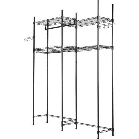 Étagères de rangement pour buanderie, étendoir à linge réglable 4 niveaux avec barre et crochets, gain de place noir. (1/5)