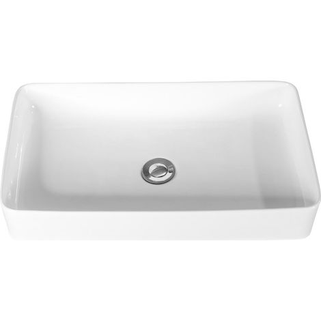 Lavabo da appoggio per bagno 60 x 35 x 11 cm con piletta a scomparsa design minimalista in ceramica bianca 200020516