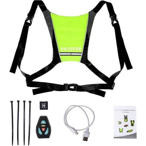 Gilet de cyclisme réfléchissant à LED, rechargeable par USB, vert, mixte, pour homme et femme, sécurité nocturne, fixation ajustable, 1 pièce (1/4)