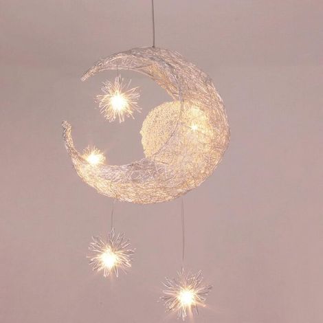 Reno – Lámpara de araña industrial de aluminio con 5 bombillas LED G4 – Luz blanca cálida – Diseño de luna y estrella para habitación infantil – Diámetro: 35 cm (1/5)