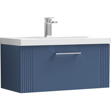 Belvide Partial Fluted 1 Drawer Wall Hung Vanity Unit with 1 Tap Hole Thin-Edge Basin- 800mm - Satin Blue