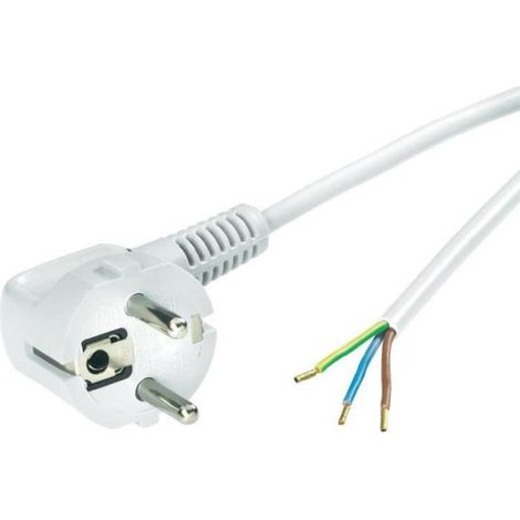 Câble De Raccordement - Blanc - 1.50 M - H03VV-F 3G 0.75 Mm² - 250 V - Fiche Schuko Coudée + Extrémité Dénudée 30 Mm Avec Cosses - 1 Pièce (1/3)