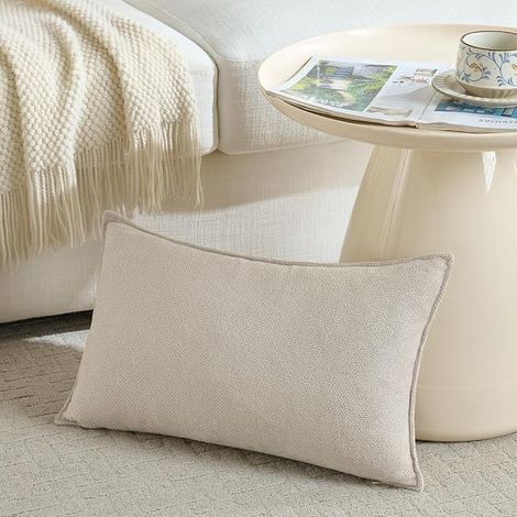 Set of 2 Cushion Covers 30 x 60 cm Cream Chenille with Modern Decor Plain and Neutral Design with Border Suitable for Bedroom, Living Room, Sofa, Bed (1/3)