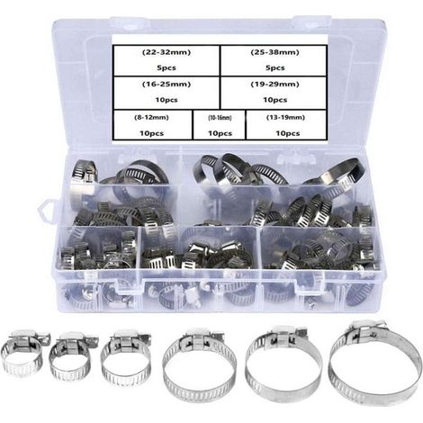 60 Pieces Hose Clamps 7 Sizes 8-38mm Adjustable Range Stainless Steel Pipe Clamps for Fixing Family Water Pipe (1/5)