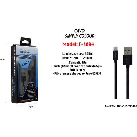 TRADE SHOP - Cavo Usb Android 5pin 2.50 Mt 5v-2100ma Per Smartphone Fotocamere Maxtech F-s004 Nero -