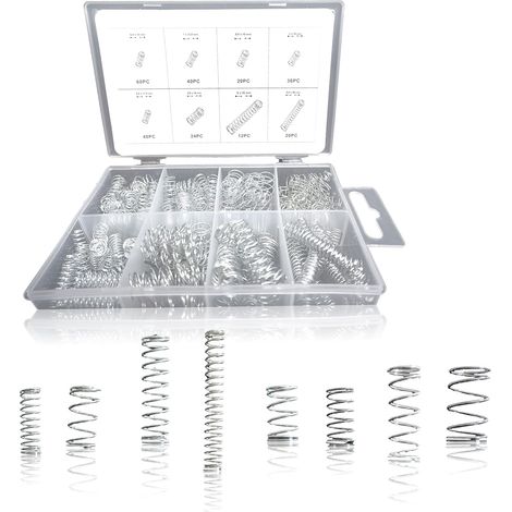 246 - Ressort de compression - Acier - Kit assorti 8 tailles pour outillage et maison - Boîte de rangement - Argenté - 5,5x38 cm