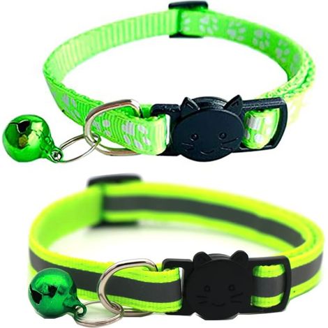 Lot de 2 Colliers réfléchissants pour Chat à libération Rapide avec Clochette (Vert Fluorescent) (1/4)