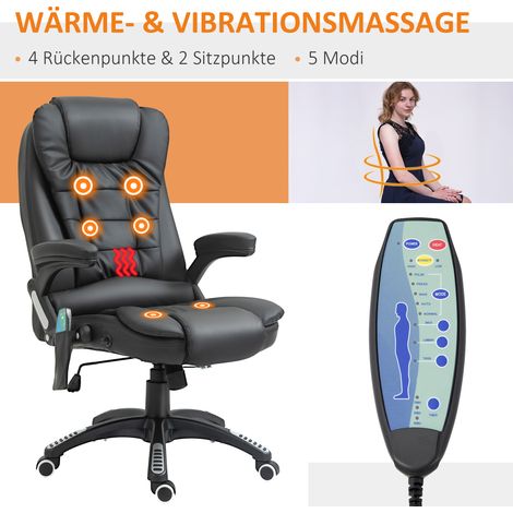 Fauteuil de bureau massant chauffant, siège ergonomique direction inclinable basculant, réglable en hauteur, pivotant 360°, similicuir noir (1/4)
