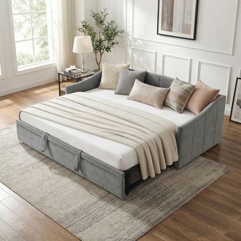 VASIEN –Lit gigogne 90/180x200cm,lit capitonné canapé-lit extensible avec sommiers à lattes,Canapé lit 2 Places 90/180 x 200,lit Canapé-lit Convertible,multifonctionnel style moderne,Velours - Gris (1/5)