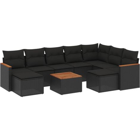 Salon de jardin 10 pcs avec coussins noir résine tressée (1/5)