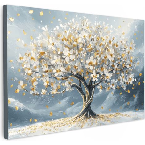 TABLEAU SUR TOILE Arbre - Hiver - Arbre de vie - Moderne - Or Toile Peinture Grand Format XXL 150x100 cm
