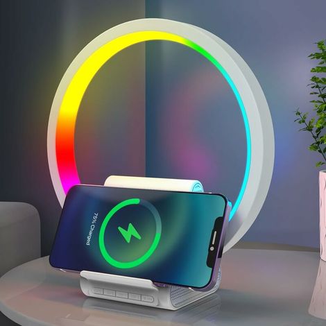 royaluxe -Enceinte Bluetooth Portable avec 15W Charg sans Fil, Lampe de Chevet LED avec 5 Lumières Colorées Dynamiques, Haut-Parl Bluetooth Veilleuse avec Support Téléphone, Cadeau Ado Fille (1/5)