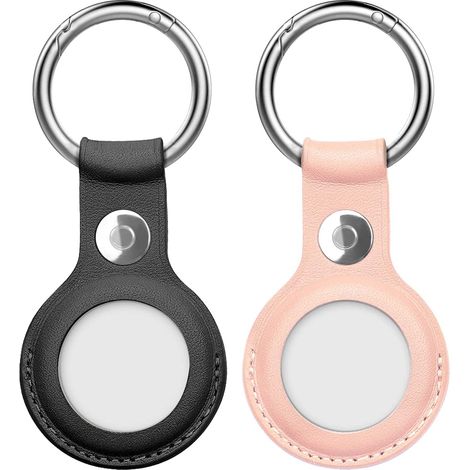 Étui en cuir véritable pour AirTag (lot de 2), avec anneau porte-clés, facile à transporter et compatible avec clés, sacs à dos et pochettes (noir). (1/5)