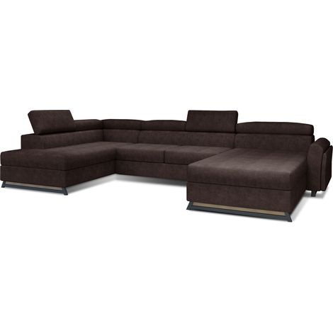 Grand canapé panoramique convertible tissu marron avec coffre Konba 370cm-Coffre à gauche (1/5)