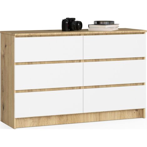 Akord – Commode 120 cm 6 tiroirs en chêne artisan – Façade blanche mate – Dimensions 120x40x77 cm – Meuble moderne pour salon ou chambre